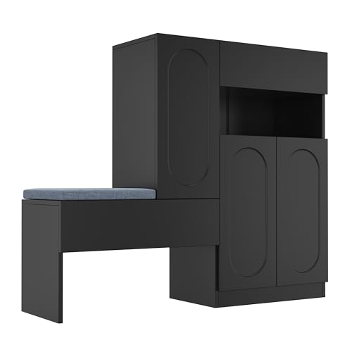 Azkoeesy Schuhschrank mit Schuhregal und gepolsterter Sitzbank, 130 x 35 x 110 cm, mit Drucktüröffner, 4 Türen und Schublade, für Flur und Eingang (Schwarz) von Azkoeesy