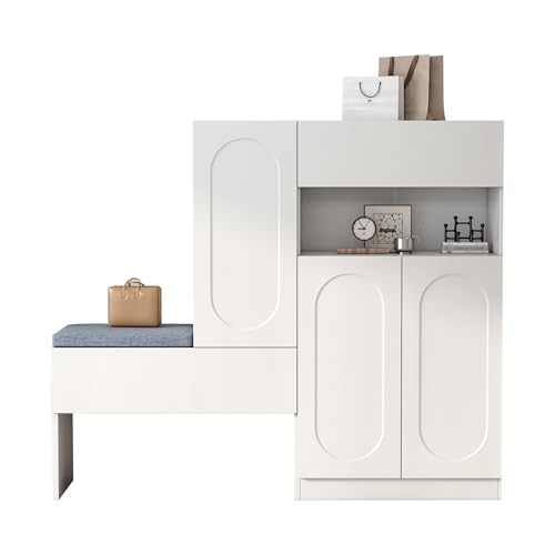 Azkoeesy Schuhschrank mit Schuhregal und gepolsterter Sitzbank, 130 x 35 x 110 cm, mit Drucktüröffner, 4 Türen und Schublade, für Flur und Eingang (reines Weiß) von Azkoeesy
