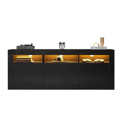 Azkoeesy Sideboard, TV-Schrank 160 cm mit LED für Wohn- und Esszimmer, Hochglanz weiß/schwarz, Modernes Kommode mit 2 Schubladen und Türen, LED-App Steuerung, 160 x 35 x 60 cm (Schwarz) von Azkoeesy