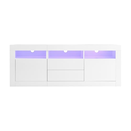 Azkoeesy Sideboard, TV-Schrank 160 cm mit LED für Wohn- und Esszimmer, Hochglanz weiß/schwarz, Modernes Kommode mit 2 Schubladen und Türen, LED-App Steuerung, 160 x 35 x 60 cm (Weiß) von Azkoeesy