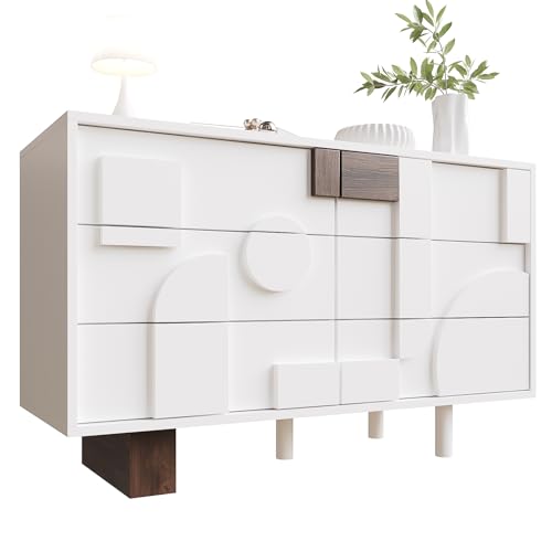 Azkoeesy Sideboard Kommode mit 6 Schubladen für Wohnzimmer, 120 x 40 x 75 cm, weiß mit braunem Akzenten, mit Drucktüröffner, Erhabenes geometrisches Musterdesign Azkoeesy Sideboard Kommode mit 6 Schubladen für Wohnzimmer, 120 x 40 x 75 cm, weiß mit braunem Akzenten, mit Drucktüröffner, Erhabenes geometrisches Musterdesign von Azkoeesy