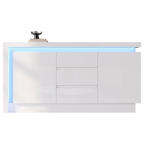 Azkoeesy Sideboard Kommode mit LED-Beleuchtung und 3 Schubladen für Wohnzimmer, 140 x 35 x 72 cm, Hochglanz Weiß, moderner Buffet Beistellschrank für Schlafzimmer/Esszimmer von Azkoeesy