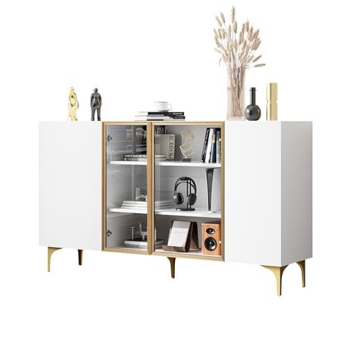 Azkoeesy Sideboard Weiß mit Glastüren & Goldbeinen, Grifflos - Multifunktionale Glasvitrine Modern für Wohnzimmer/Esszimmer, Großer Stauraum, Hochwertig 150x38x85 cm von Azkoeesy