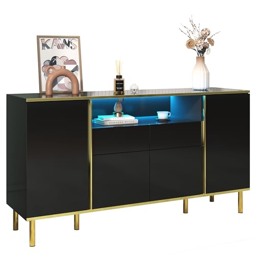 Azkoeesy Sideboard in Schwarz Hochglanz, 150 x 40 x 80 cm, mit LED-Beleuchtung, mit 2 Schublade und 4-Türen, Moderner Kommode TV-Sideboard für Schlafzimmer/Flur/Wohnzimmer von Azkoeesy