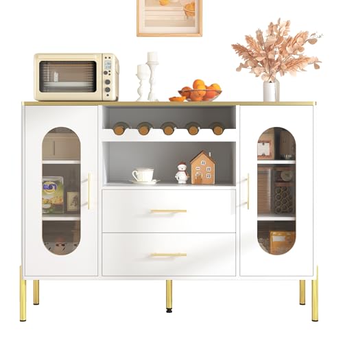 Azkoeesy Sideboard in Weiß und goldenem Akzent für Wohnzimmer, 120 x 38 x 90 cm, Kommode, Buffetschrank, mit 2 Schubladen und 2 Glastüren, Weinregal, goldenen Metallbeinen und Griffen, für Esszimmer von Azkoeesy