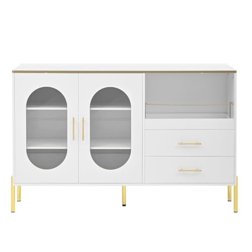 Azkoeesy Sideboard in Weiß und goldenen Akzenten, 140 x 38 x 90 cm, Moderne Kommode mit 2 Schubladen und Glastüren, Goldenen Metallbeinen und Griffen, für Wohnzimmer und Esszimmer von Azkoeesy