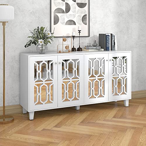 Azkoeesy Sideboard Standschrank 160 cm mit 4 Türen aus Glasspiegel, mit Kristallgriffen, Stilvoll Beistellschrank Buffet für Wohn- und Esszimmer, Weiß von Azkoeesy