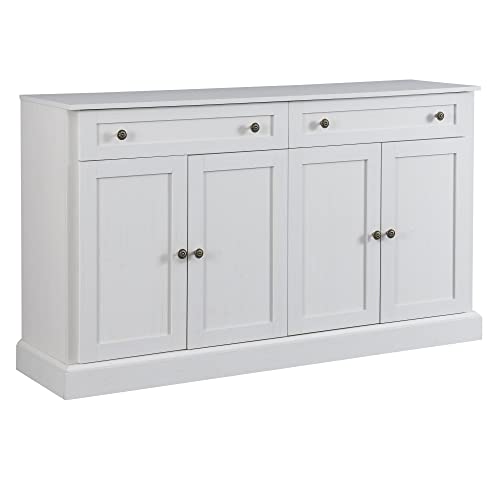 Azkoeesy Sideboard 150 cm Weiß, Kommode mit 4 Türen und 2 Schubladen, Holzsockel, Moderner Küchenschrank Buffet von Azkoeesy