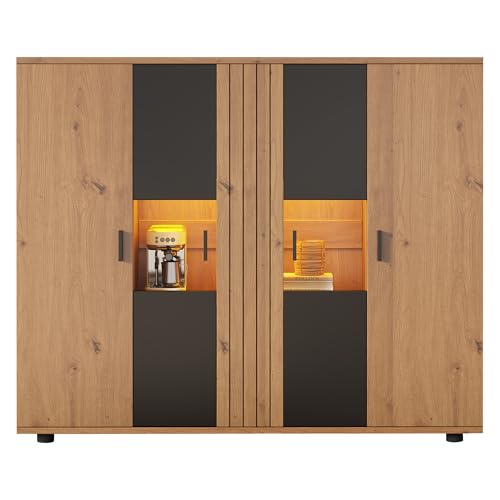 Azkoeesy Sideboard mit LED-Beleuchtung und Glastüren, 140 x 35 x 113 cm, in Holzoptik/Schwarz, Beistellschrank, Kleiderschrank, Buffetschrank, Vitrine, für Wohn- und Esszimmer von Azkoeesy