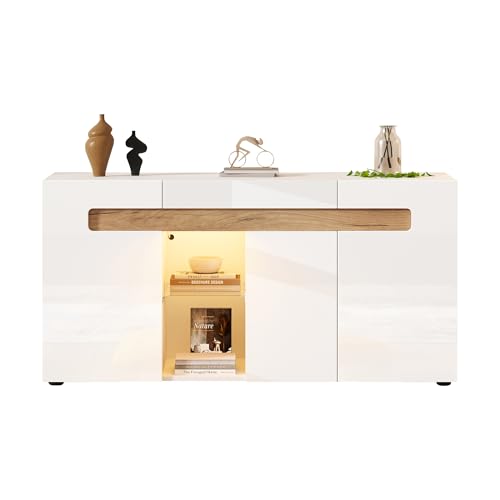 Azkoeesy Sideboard TV-Schrank 140 cm mit LED-Beleuchtung, Hochglanz Weiß, für Wohnzimmer, Moderner Buffetschrank, Küchenschrank, für Esszimmer von Azkoeesy