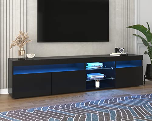 Azkoeesy TV Board mit LED-Beleuchtung 180cm in Schwarz Hochglanz Moderner TV Schrank Lowboard Kommode mit 3 Türen & Glasregal, Schwarz von Azkoeesy