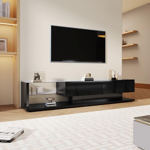 170 cm TV Schrank mit LED-Beleuchtung, 2 Schublade, Glas Ablage, TV Board Lowboard Fernsehschrank, Fronten in schwarz hochglänzend von Azkoeesy