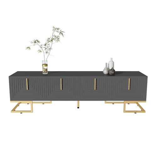 Azkoeesy TV-Schrank 170 cm für Wohnzimmer, mit 4 Türen im U-Streifen-Design, weiß/schwarz und goldenem Akzent, 170 x 40 x 45,5 cm, modernes Lowboard, Fernsehtisch (schwarz) von Azkoeesy