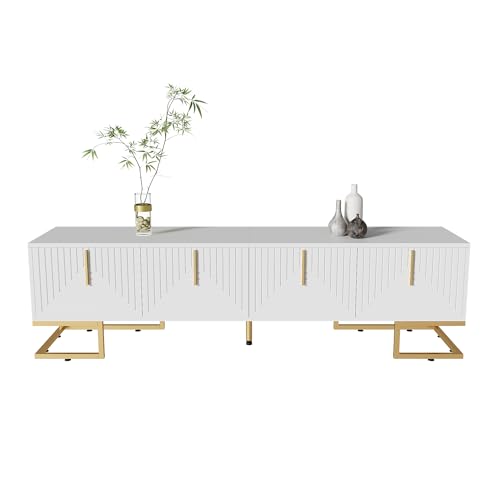 Azkoeesy TV-Schrank 170 cm für Wohnzimmer, mit 4 Türen im U-Streifen-Design, weiß/schwarz und goldenem Akzent, 170 x 40 x 45,5 cm, modernes Lowboard, Fernsehtisch (weiß) von Azkoeesy