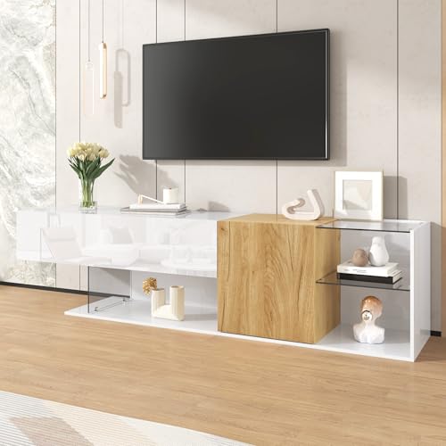 Azkoeesy TV-Schrank 180 cm Hochglanz Weiß mit Holzoptik und Glasregalen für Wohnzimmer, Stilvoller Lowboard, TV-Board, Fernsehtisch, Minimalistisches Design - 180 x 38 x 48 cm von Azkoeesy