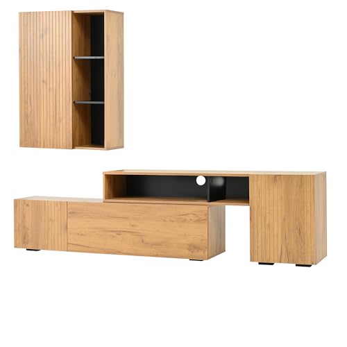 Azkoeesy TV-Schrank Lowboard mit Hängevitrine, 2-teiliges Wohnzimmermöbel-Set, verstellbar 174-265 cm, Holzmuster-Design (35x53,5x174-265 cm) von Azkoeesy