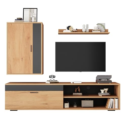 Azkoeesy TV-Schrank Lowboard mit Hängevitrine & Regal, 3-teiliges Wohnzimmermöbel-Set, Holzmuster-Design, viel Stauraum (140x35x39 cm) von Azkoeesy