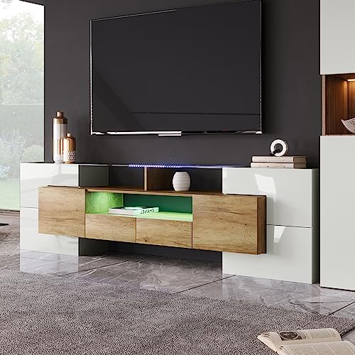 Azkoeesy TV Schrank in Hochglanz Weiß mit LED Licht, 200 cm Länge, für Wohnzimmer, Natur+Weiß von Azkoeesy