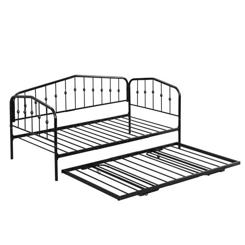 Azkoeesy Tagesbett mit Ausziehbett, Schlafsofa mit zweiter Bettrahmen, Metallbett, Jugendbett, 90x200 cm, schwarz von Azkoeesy