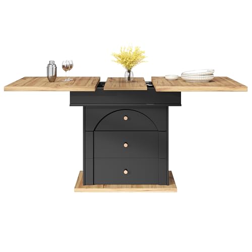 Azkoeesy Verstellbarer Esstisch mit 3 Schubladen, 110-140 cm, Küchentisch, Frühstückstisch, für Küche und Esszimmer (Schwarz & Holzoptik) von Azkoeesy