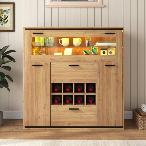 Azkoeesy Vitrine Sideboard in Holzmuster mit LED Licht, Ablage, Weinregal - 110x111x38 cm (BxHxT) Highboard Standvitrine Buffet für Wohnzimmer Schlafzimmer von Azkoeesy