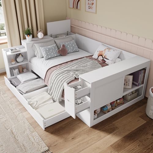 Azkoeesy Weiß Multifunktionales Stauraumbett 90x200 cm – Mit Schubladen, Regalen & Nachttischen | Tagesbett mit Lattenrost, Stauschränken & Organisationssystem, ohne Matratze (140 x 200 cm) von Azkoeesy