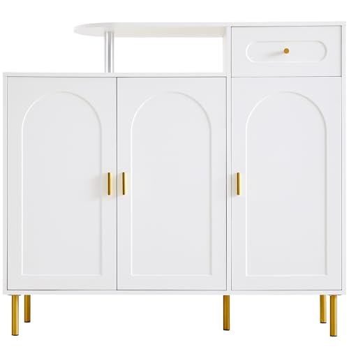 Azkoeesy Weißes Sideboard/Kommode mit Goldgriffen & Metallbeinen – 1 Schublade, 3 Türen & Verstellbares Regal | Schuhschrank für Wohnzimmer, Flur | 120×92×35 cm (B×H×T) von Azkoeesy