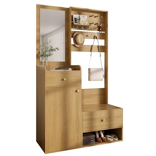 Garderobe-Set, Flur-Garderobe-Set, 105 x 38 x 180 cm, mit Spiegel Schubalden Schulschrank verstellbaren Haken - Eingangsregal im Holzmuster-Design von Azkoeesy