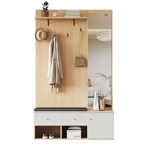 Garderobenset, Flur- Garderobenset, mit Spiegel/Schuhbank & Sitzbank / 2 Schubalden / 4 Haken/Ablage - 120 x 40 x 200 cm in Weiß und Holzoptik Garderobenset, Flur- Garderobenset, mit Spiegel/Schuhbank & Sitzbank / 2 Schubalden / 4 Haken/Ablage - 120 x 40 x 200 cm in Weiß und Holzoptik von Azkoeesy
