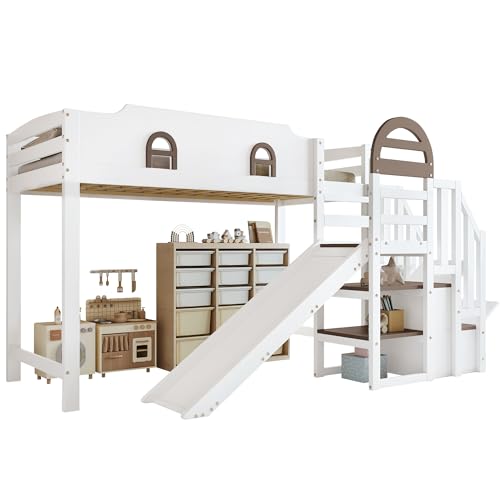 Kinderbett mit Rutsche und Treppe, Ablage und 2 Stauraumkasten, multifunktionales Kinderhochbett Einzelbett mit hohem Fallschutz, weiß, 90 x 200 cm Kinderbett mit Rutsche und Treppe, Ablage und 2 Stauraumkasten, multifunktionales Kinderhochbett Einzelbett mit hohem Fallschutz, weiß, 90 x 200 cm von Azkoeesy