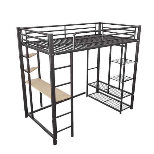 Azkoeesy Metall Hochbett 90 x 200 cm mit Schreibtisch, Ablage, Kleiderständer, Leiter und Fallschutz, Einzelbett, Jugendbett, für Teenager und Erwachsene, Schwarz von Azkoeesy