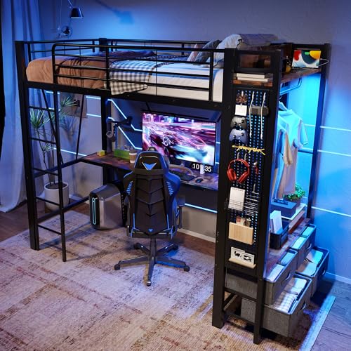 Azkoeesy Multifunktionales Hochbett mit Schreibtisch & LED-Licht, 90x200 cm, mit Kleiderschrank/4 Stoffschubladen/USB&Typ-C/Werkzeugwand/Metallgestell, für Erwachsene/Teenager, schwarz von Azkoeesy