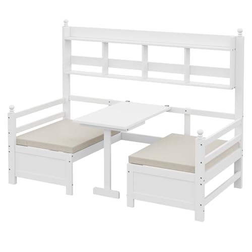 Multifunktionales Kinderbett 90 x 200 cm, Funktionsbett, Umbaubar zu Sofa und Schreibtisch, mit Kissen und Ablagen, Einzelbett, Schlafsofa, Tagesbett (Weiß) von Azkoeesy