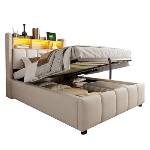 Polsterbett 90 x 200 cm mit Bettkasten LED-Beleuchtung Einzelbett Jugendbett mit Stauraum Lattenrost und Metallgestell Ablage von Kopfteil Kastenboden aus Stoff Leinen-Bezug (Beige) von Azkoeesy