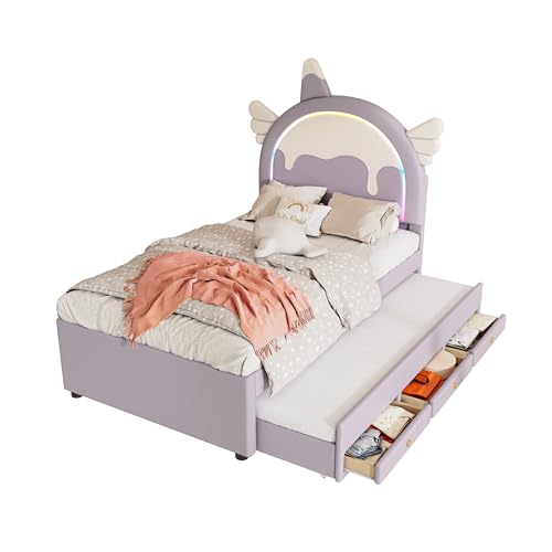 Polsterbett mit LED Licht, mit Ausziehbett und 3 Schubladen, mit Lattenrost, mit Kopfteil in Einhornform, Kinderbett, Einzelbett für Kinder, Mädchen, Jugendliche, Bezug aus PU (Violett, 90x200 cm) von Azkoeesy