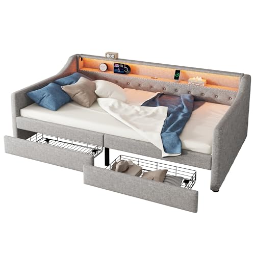 Polsterbett 90 x 200 cm, Schlafsofa mit LED-Beleuchtung, Regal, USB-Anschluss, 2 Schubladen, mit Rückenlehne und Armlehne, Bezug aus Leinen (Grau) von Azkoeesy