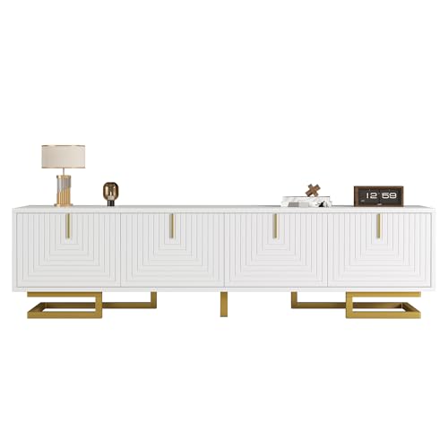 TV-Schrank mit goldenem Akzent, 4 Türen in U-Streifen-Strukturen, Lowboard, TV-Board, TV-Tisch, für Wohnzimmer, 160 x 38 x 44,5 cm (weiß) von Azkoeesy