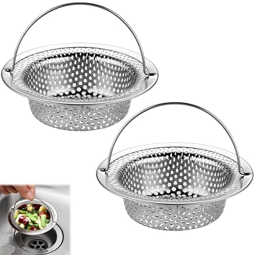 Azlanway Abflusssieb Küchenspüle Edelstahl mit Griff, 2 Stück Spülbecken Sieb 11x8x2.3 cm, Küchenabfluss Schutz, Feinmaschiges Sieb für Küche, Verhindert Verstopfungen von Azlanway