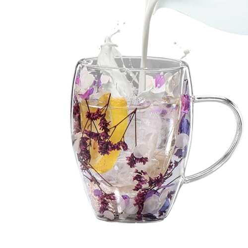 Aznever 350ml Doppelwandige Glasbecher Tasse Mit Trockenen Blumen - getrocknete Blumen doppelwandige Glastasse,Hitzebeständige Tassen für Kaffee, heiße Kaltgetränke, Schokolade, Saft, Milch, Tee von Aznever