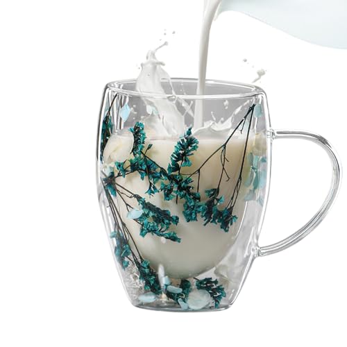 Aznever 350ml Doppelwandige Glasbecher Tasse Mit Trockenen Blumen - getrocknete Blumen doppelwandige Glastasse,Hitzebeständige Tassen für Kaffee, heiße Kaltgetränke, Schokolade, Saft, Milch, Tee von Aznever