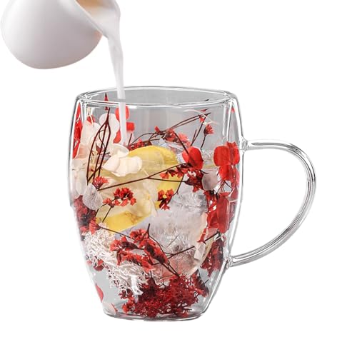 Aznever 350ml Doppelwandige Glasbecher Tasse Mit Trockenen Blumen - getrocknete Blumen doppelwandige Glastasse,Hitzebeständige Tassen für Kaffee, heiße Kaltgetränke, Schokolade, Saft, Milch, Tee von Aznever