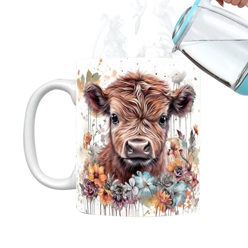 Aznever Hochlandkuh-Tasse Niedlich, Hochlandkuh-Tasse - 3D Kuh Bunte Blumen Kaffeetasse 11 OZ - Highland Cow Keramiktasse für Frauen, süße schottische Highland Cow Blumen Kaffeetasse von Aznever