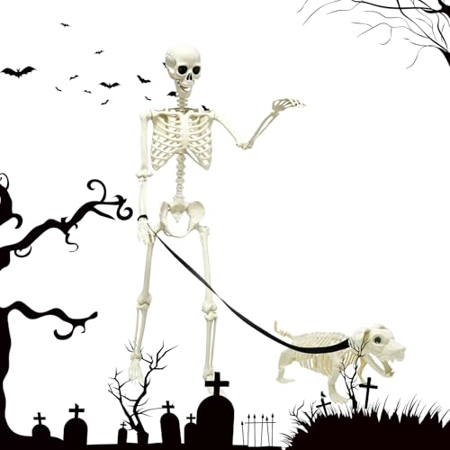 Halloween Skelett | Grusel Dekoration Mit Hund,Beweglicher Schädel Gruselig Für Garten Haustür Innenbereich Außenbereich Party von Aznever