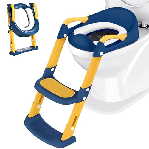 Toilettensitz Kinder mit Treppe Toilettentrainer, Toilettensitz Kinder Kinder WC, Faltbarer Töpfchen Toilettentrainer WC Sitz Treppe Toilettensitz Toilette Trainer für kinder mit Pedalen und PU Kissen von Azonelife