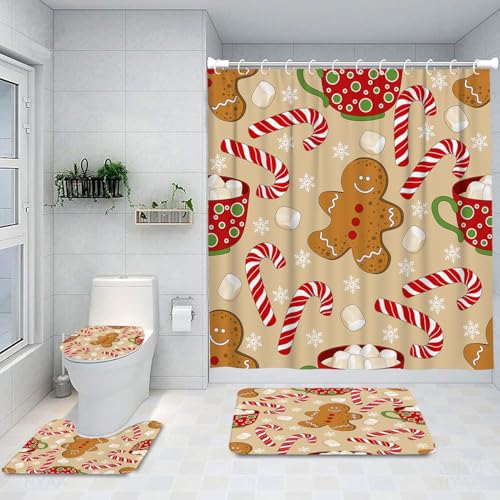 Azppsad Duschvorhang-Set, niedliches Weihnachtslebkuchen-Muster, Badezimmer-Dekor-Set mit Teppichen und Zubehör, Badezimmer-Dekor-Sets, 183 x 183 cm, 4-teilig von Azppsad