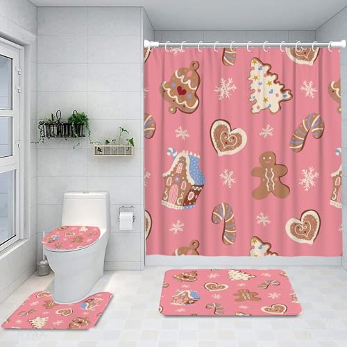 Azppsad Duschvorhang-Set, niedliches rosa Weihnachtslebkuchenmuster, Badezimmer-Dekor-Set mit Teppichen und Zubehör, Badezimmer-Dekor-Sets, 183 x 183 cm, 4-teilig von Azppsad