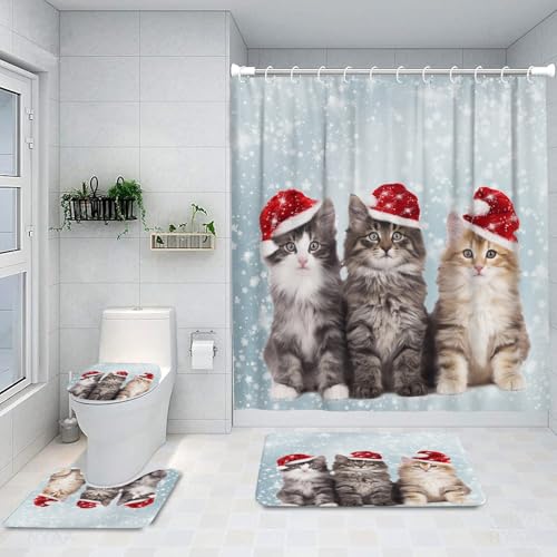 Azppsad Duschvorhang-Sets, Weihnachtskatzen auf weißem Badezimmer-Dekor-Set mit Teppichen und Zubehör, Badezimmer-Dekor-Sets, 183 x 183 cm, 4-teilig von Azppsad