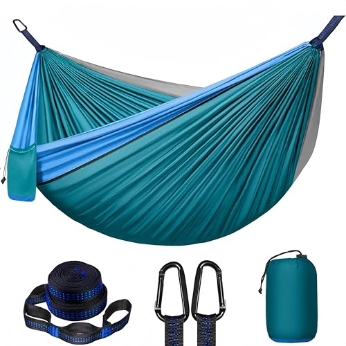 Azragon Camping-Hängematte für Doppelbett, strapazierfähig, 227 kg Kapazität, mit 2 Baumgurten und Stahl-Karabinern, tragbares 210T Fallschirm-Nylon für Rucksackreisen, Strand, Garten, Wandern von Azragon