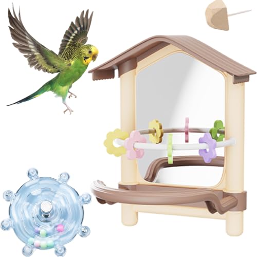 Vogelspiegel mit stehender Stange,mit 1 Vogel Drehteller Knabberspielzeug,1 Backenzahnstein,Papageienkäfig Spielzeug für Sittich African Grey Conure Nymphensittich Turteltau Finch Canarie von AzulLanse