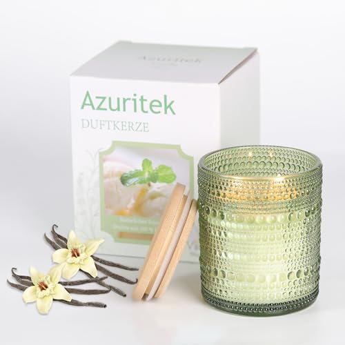 Vanille Duftkerze im Glas 8OZ mit Bambusdeckel – Sojawachs-Kerze mit 2 Dochten, 30-60h Brenndauer, Geschenkidee für Frauen Männer von Azuritek